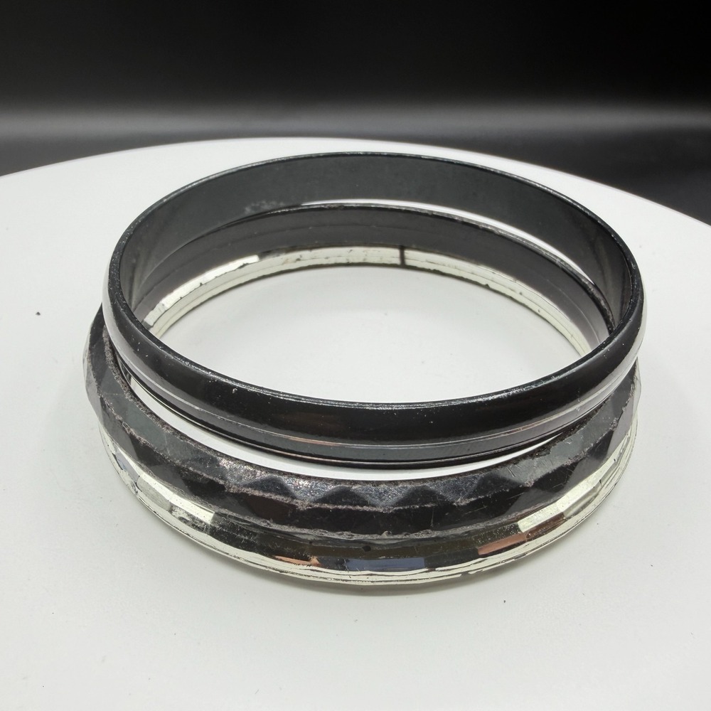 Black Silver Tone Bangle Bracelet Set of 3 Faceted Stackable Chunky Gothic Y2K